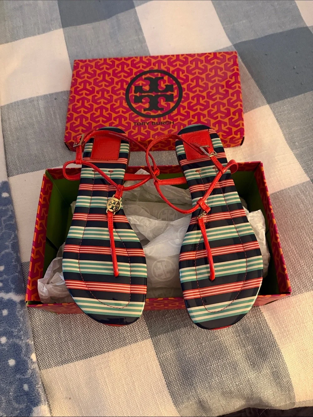 Tory Burch Red Striped T-Strap Sandals